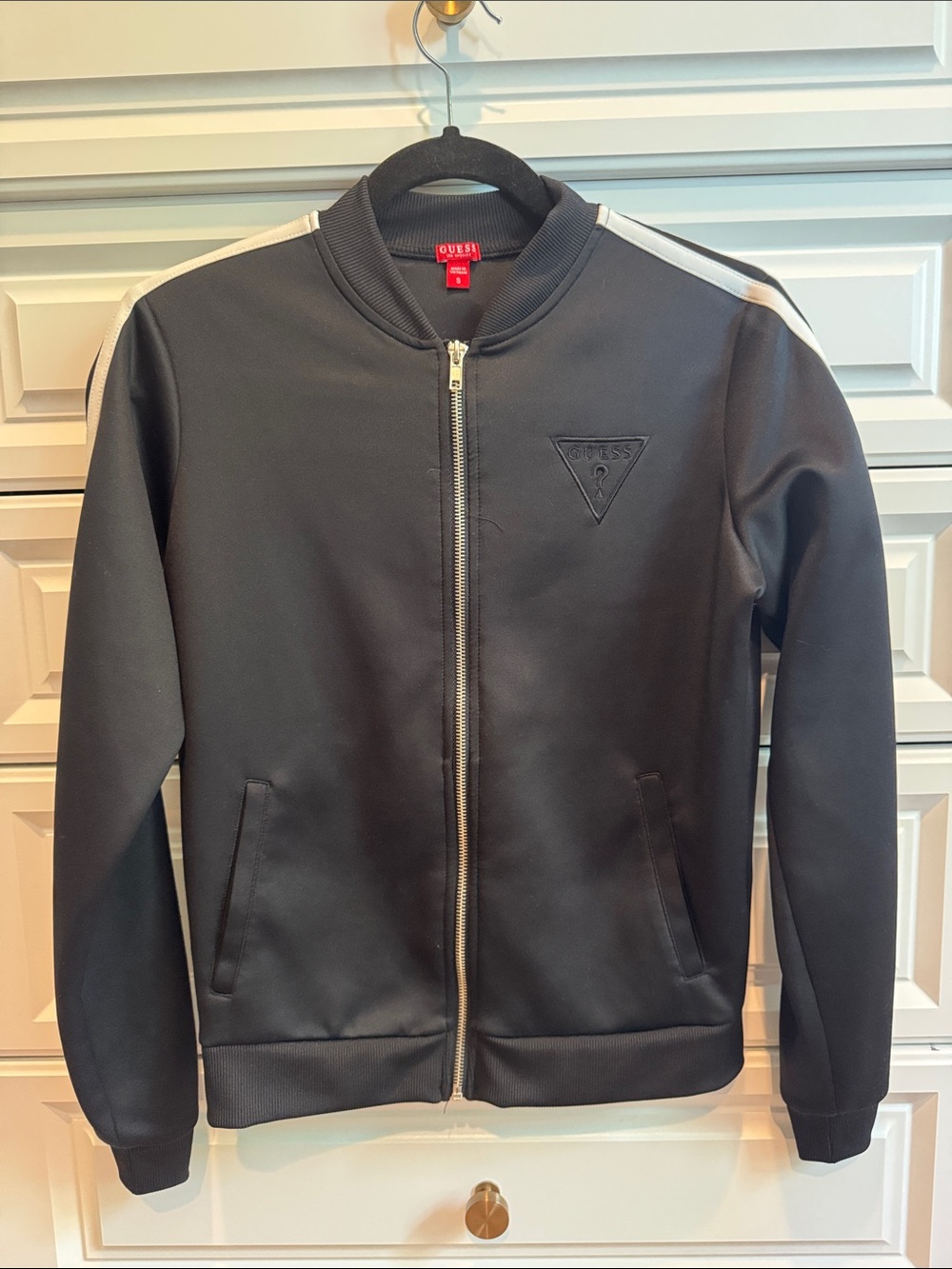 Guess Black Bomber Jacket with White Shoulder Stripes